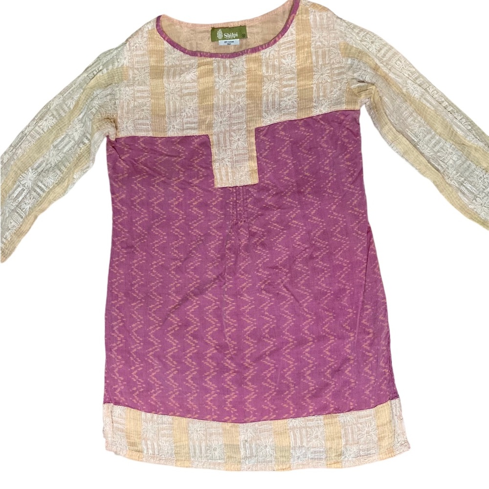 Vintage rare Shilpi brand pink handloom chikankari net kurti with Ikat print - M